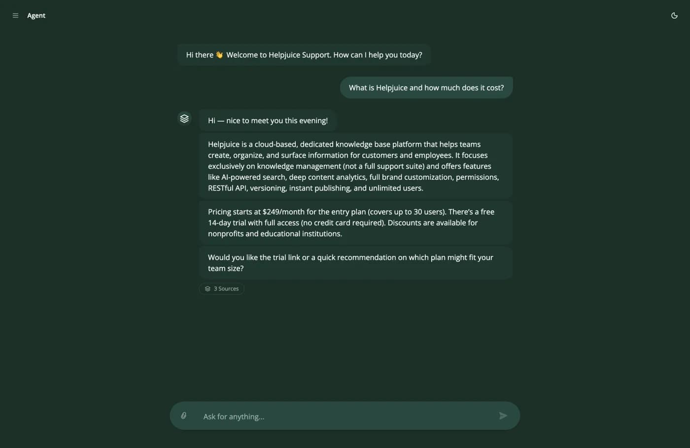 Outlearn agent chat. The visitor asks what Helpjuice is and how much it costs. The agent replies with what the product does, then a pricing paragraph quoting $249 a month for the entry plan and a free 14-day trial, then offers a trial link or a plan recommendation. A chip reading 3 Sources sits below the reply