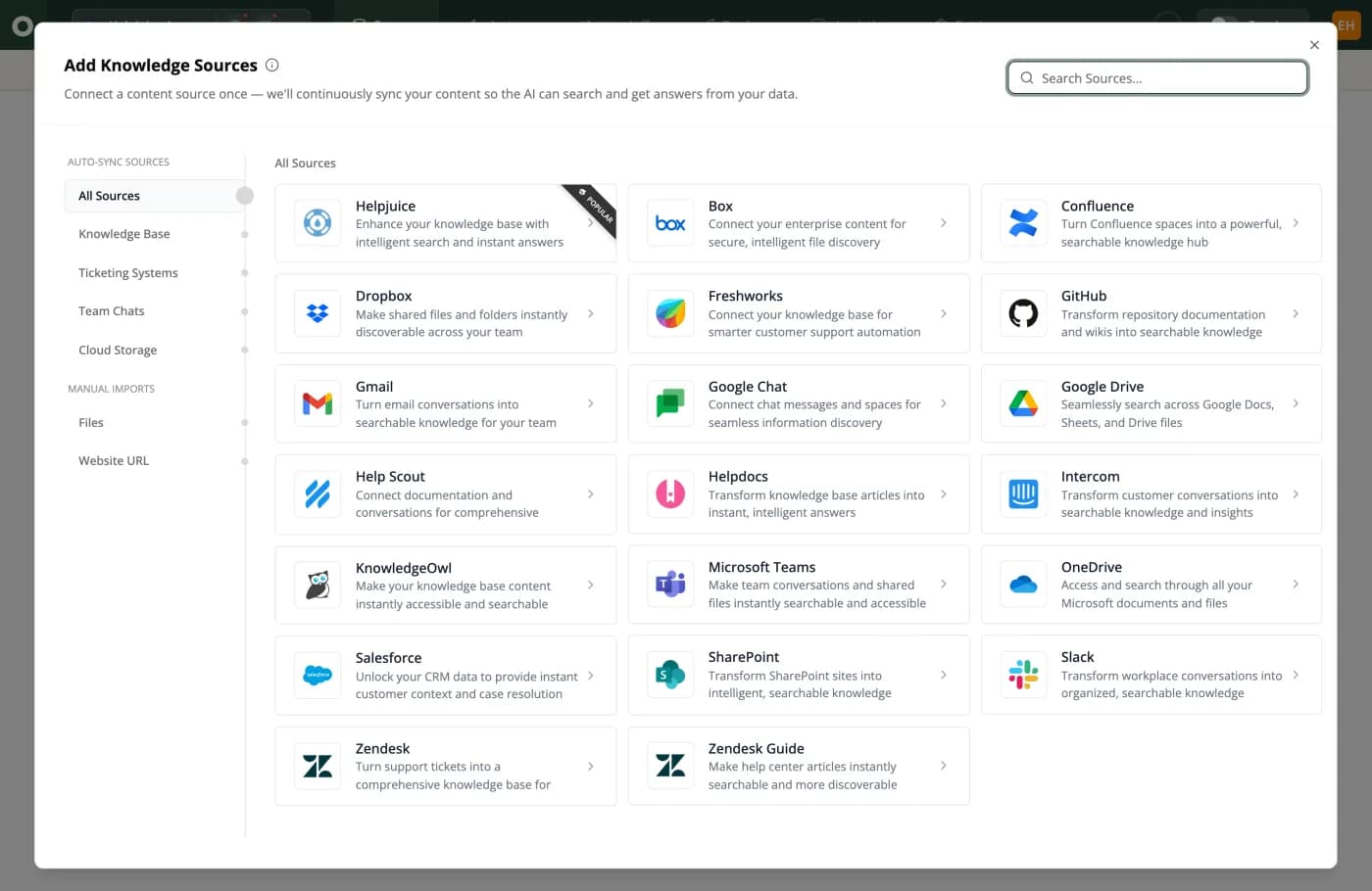 Outlearn Add Knowledge Sources dialog. A left rail splits Auto-Sync Sources (All Sources, Knowledge Base, Ticketing Systems, Team Chats, Cloud Storage) from Manual Imports (Files, Website URL). Twenty connector tiles are shown: Helpjuice, Box, Confluence, Dropbox, Freshworks, GitHub, Gmail, Google Chat, Google Drive, Help Scout, Helpdocs, Intercom, KnowledgeOwl, Microsoft Teams, OneDrive, Salesforce, SharePoint, Slack, Zendesk and Zendesk Guide