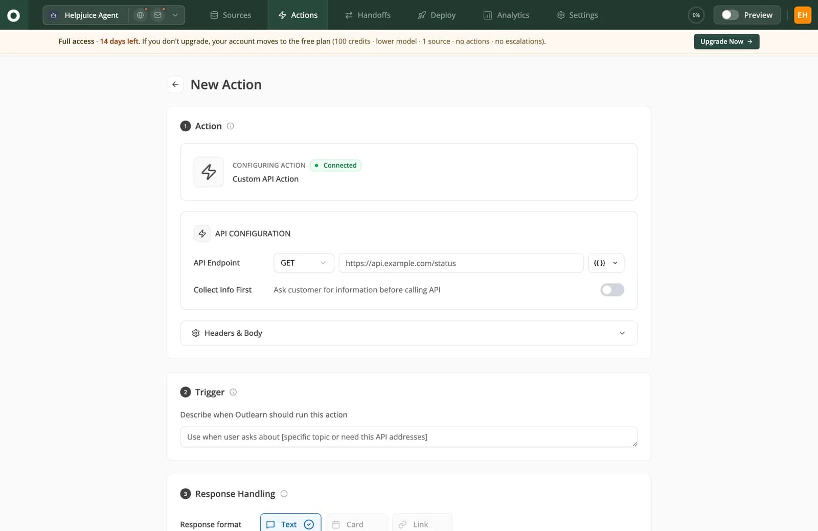 Outlearn New Action screen. Step 1 Action configures a Custom API Action with endpoint and headers, step 2 Trigger is a plain text field reading Describe when Outlearn should run this action, step 3 is Response Handling
