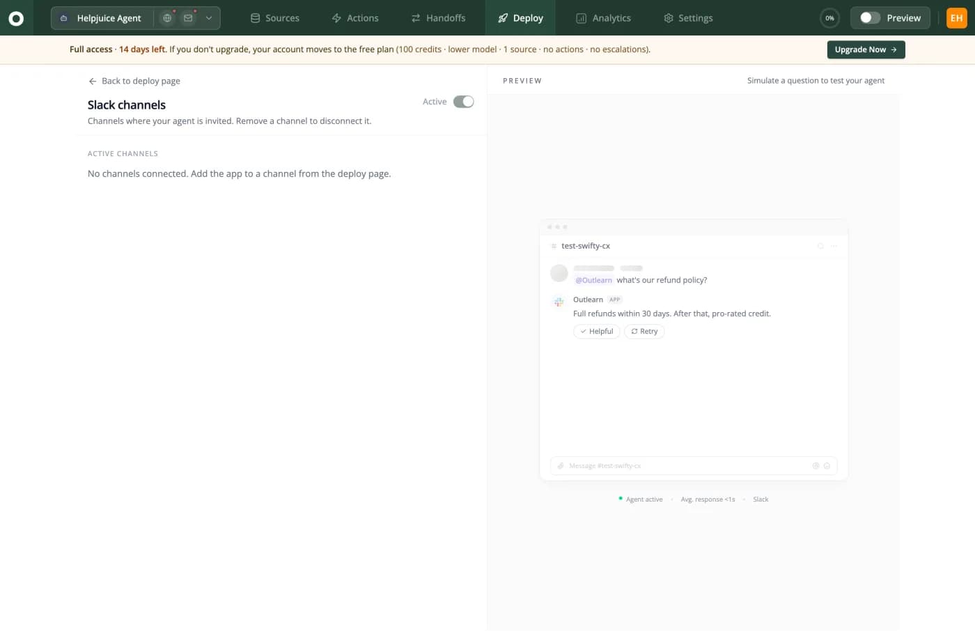 Outlearn Slack channels screen with an Active toggle switched on and the note that no channels are connected yet. The preview beside it shows a Slack channel called test-swifty-cx where a user asks at Outlearn what our refund policy is and the Outlearn app replies that refunds are full within 30 days and pro-rated after that, with Helpful and Retry buttons. A status line reads Agent active, average response under one second, Slack