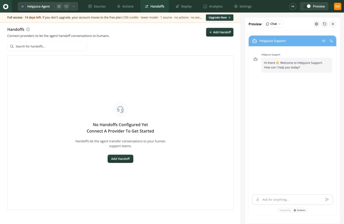 The Outlearn Handoffs screen on a new account. The top navigation reads Sources, Actions, Handoffs, Deploy, Analytics and Settings. The page is empty with the message No Handoffs Configured Yet, Connect A Provider To Get Started, above an Add Handoff button. A chat preview panel on the right shows a Helpjuice Support greeting.
