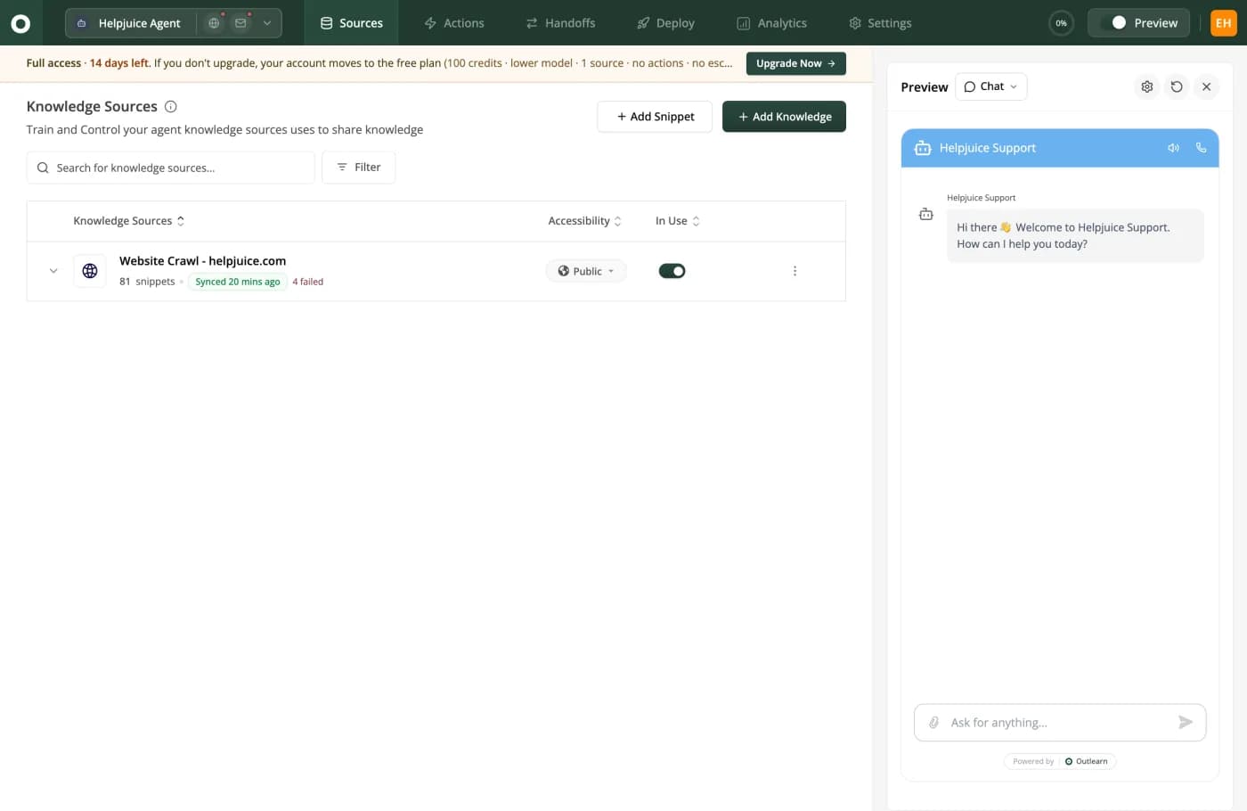 Outlearn Knowledge Sources screen. One source is listed, Website Crawl for helpjuice.com, showing 81 snippets, a green Synced 20 mins ago badge and 4 failed in red. Accessibility is set to Public and the In Use toggle is on. A live chat preview panel sits on the right