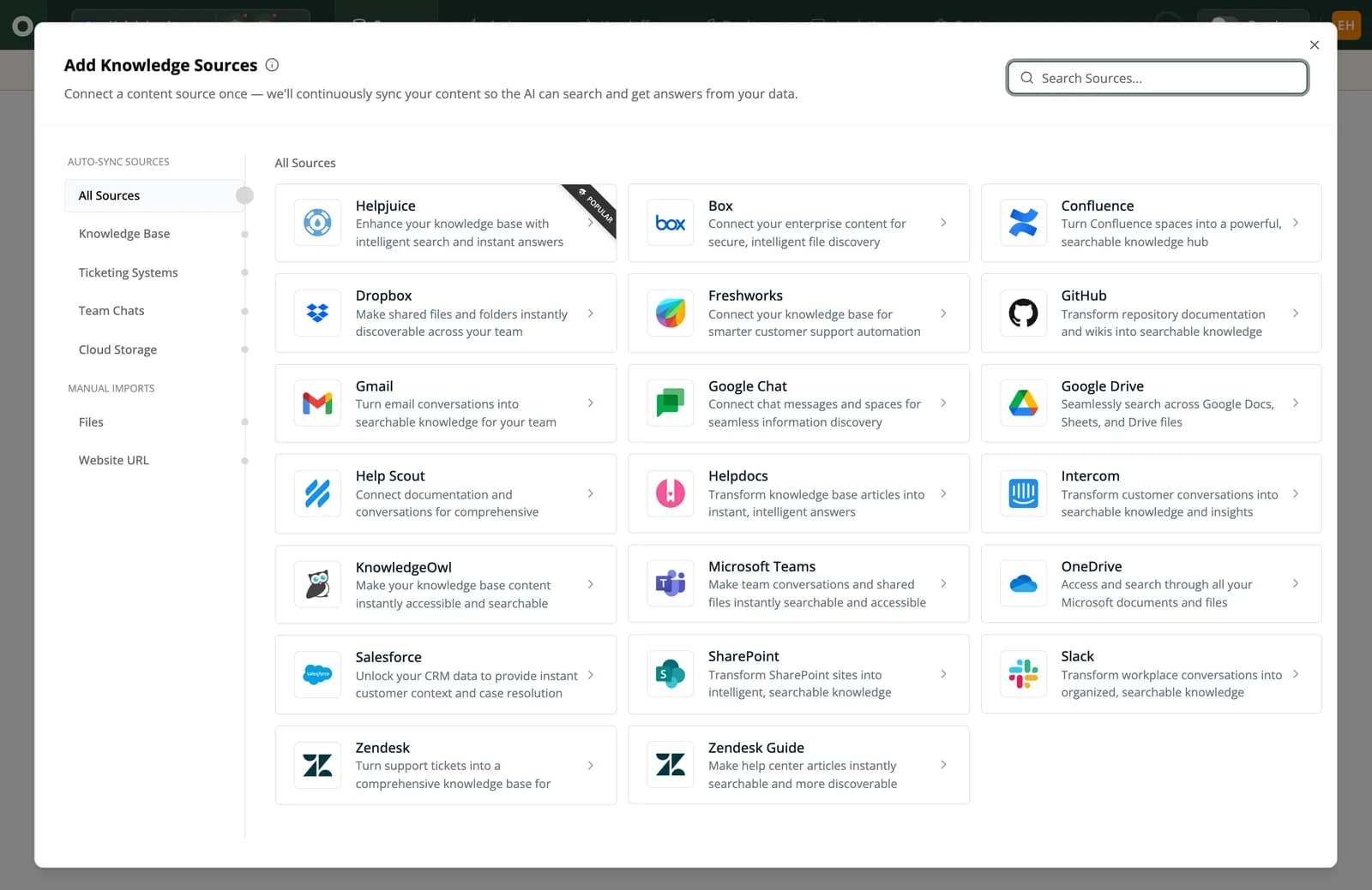 Outlearn Add Knowledge Sources screen. The left column separates Auto-Sync Sources (Knowledge Base, Ticketing Systems, Team Chats, Cloud Storage) from Manual Imports (Files, Website URL). The catalog shows Helpjuice, Box, Confluence, Dropbox, Freshworks, GitHub, Gmail, Google Chat, Google Drive, Help Scout, Helpdocs, Intercom, KnowledgeOwl, Microsoft Teams, OneDrive, Salesforce, SharePoint, Slack, Zendesk and Zendesk Guide